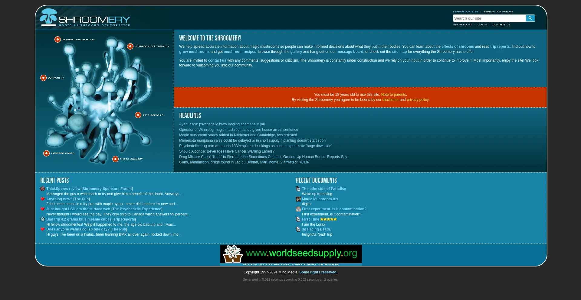 Screenshot of shroomery.org homepage