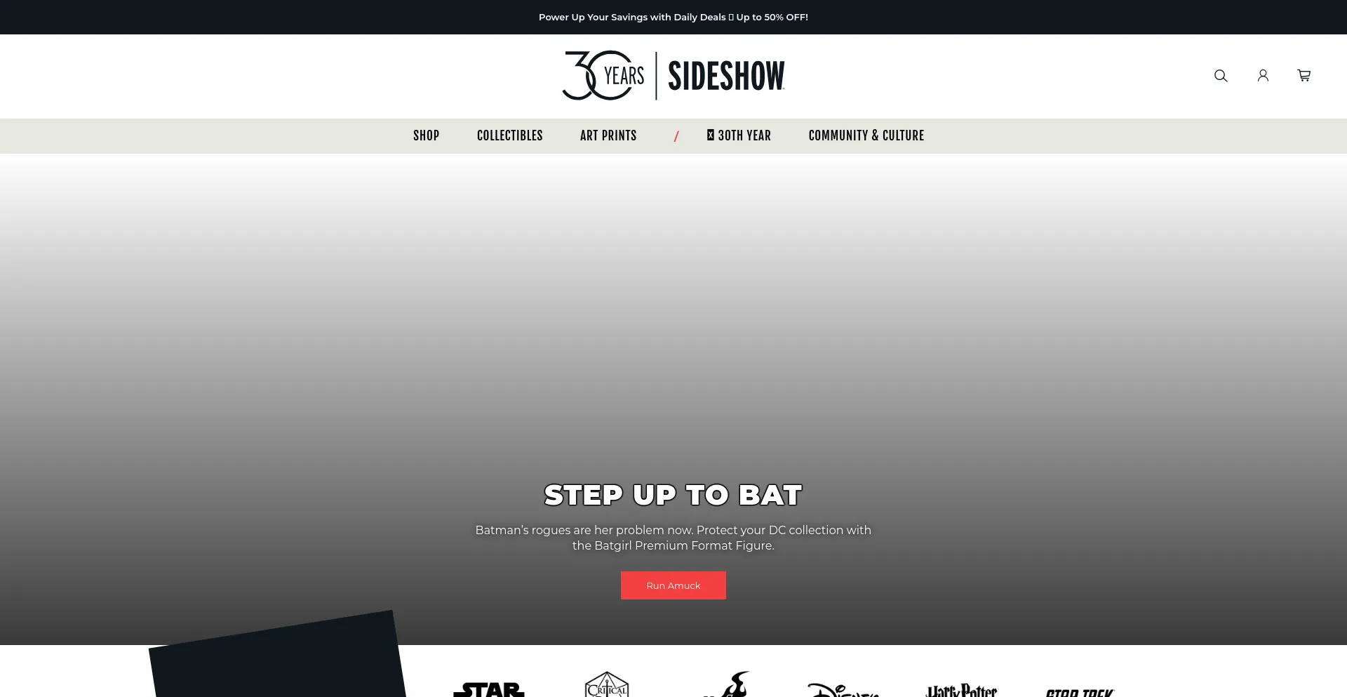 Screenshot of sideshow.com homepage