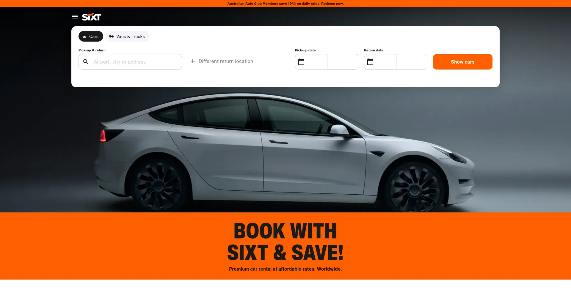 Screenshot of sixt.com.au homepage