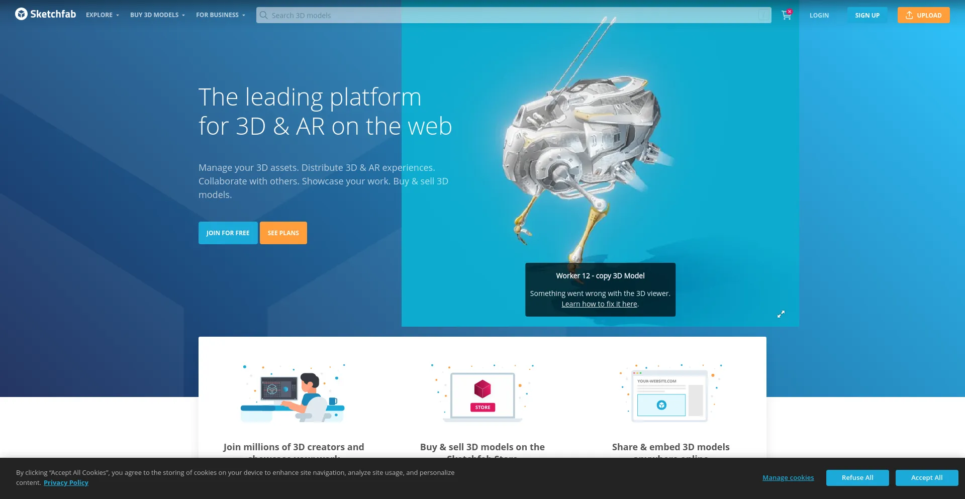 Screenshot of sketchfab.com homepage