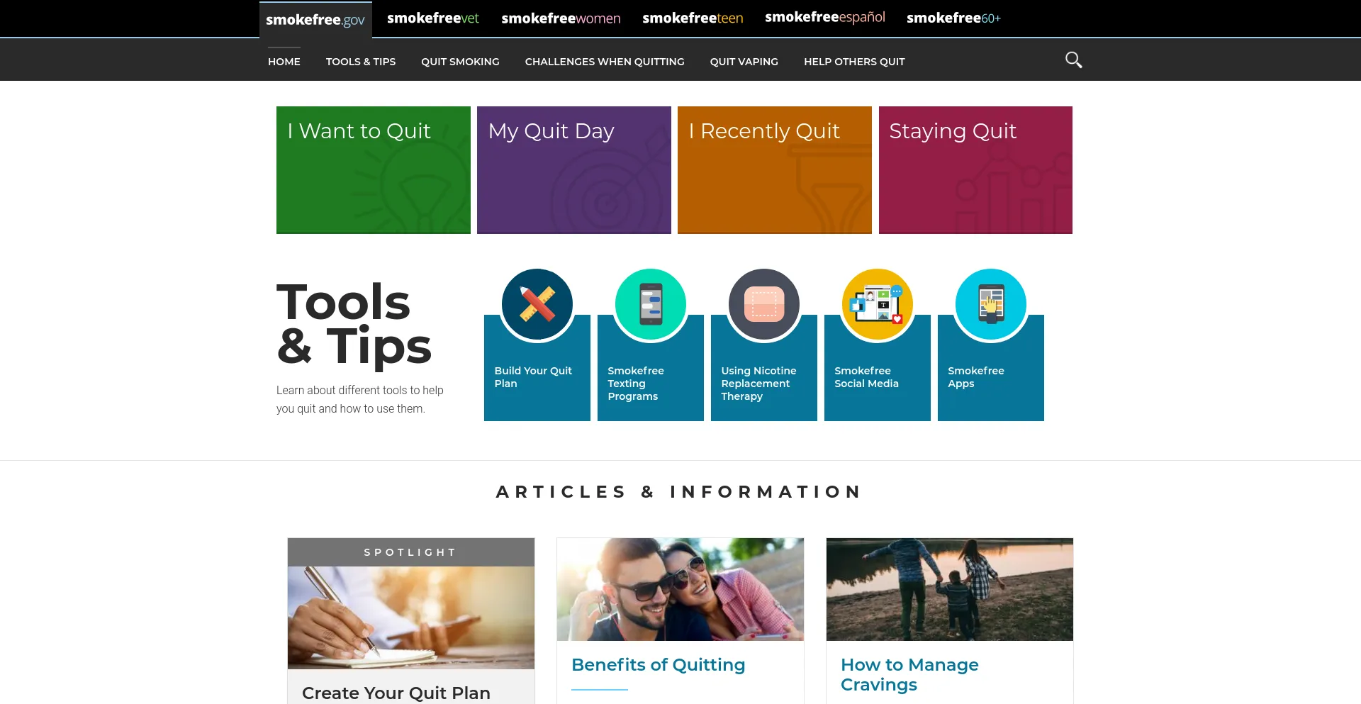Screenshot of smokefree.gov homepage