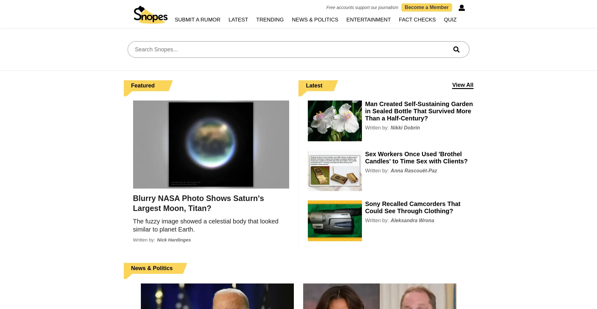 Screenshot of snopes.com homepage