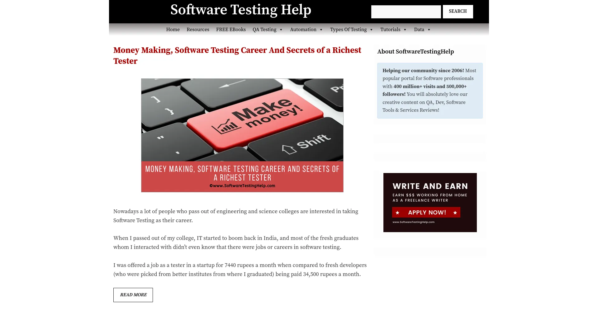 Screenshot of softwaretestinghelp.com homepage