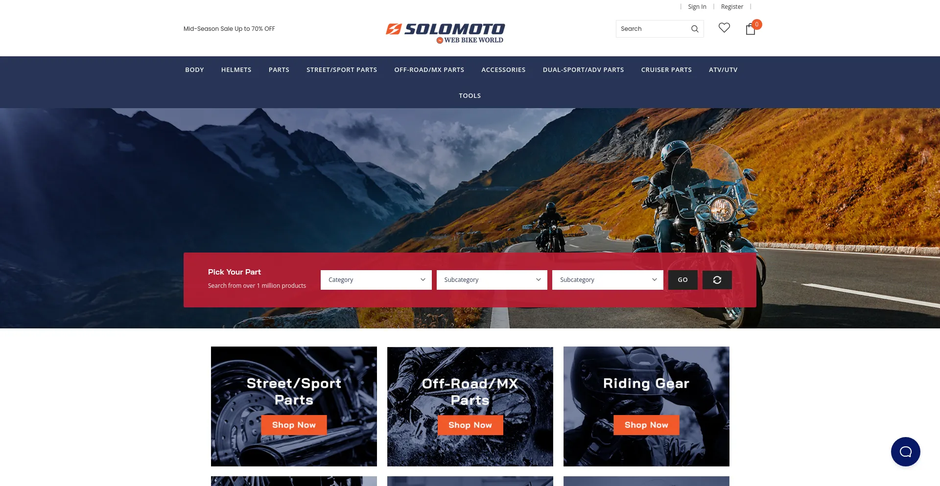 Screenshot of solomotoparts.com homepage