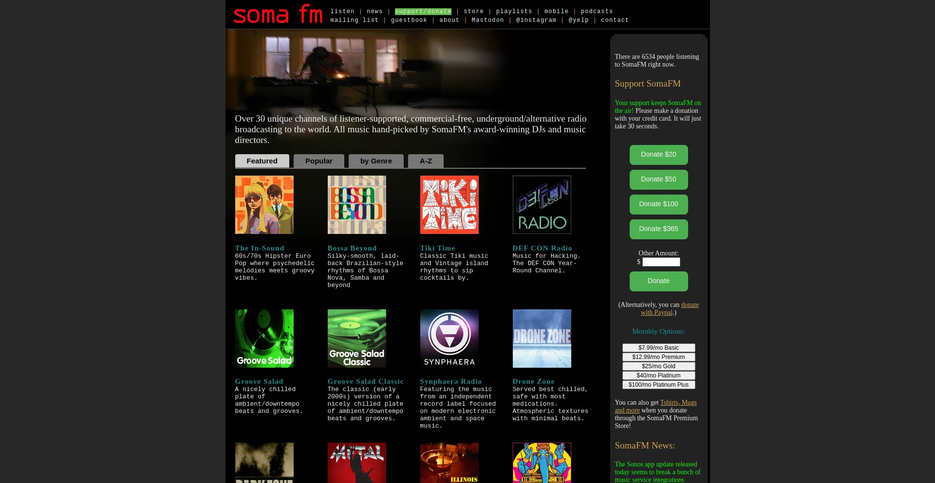 Screenshot of somafm.com homepage