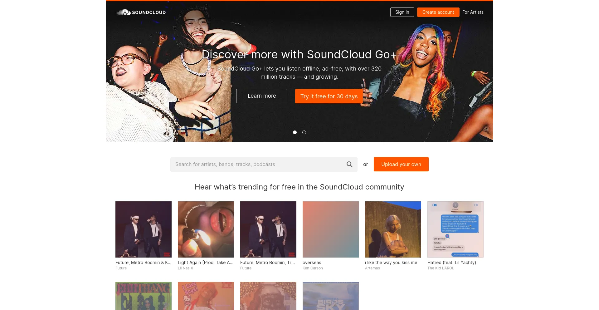 Screenshot of soundcloud.com homepage