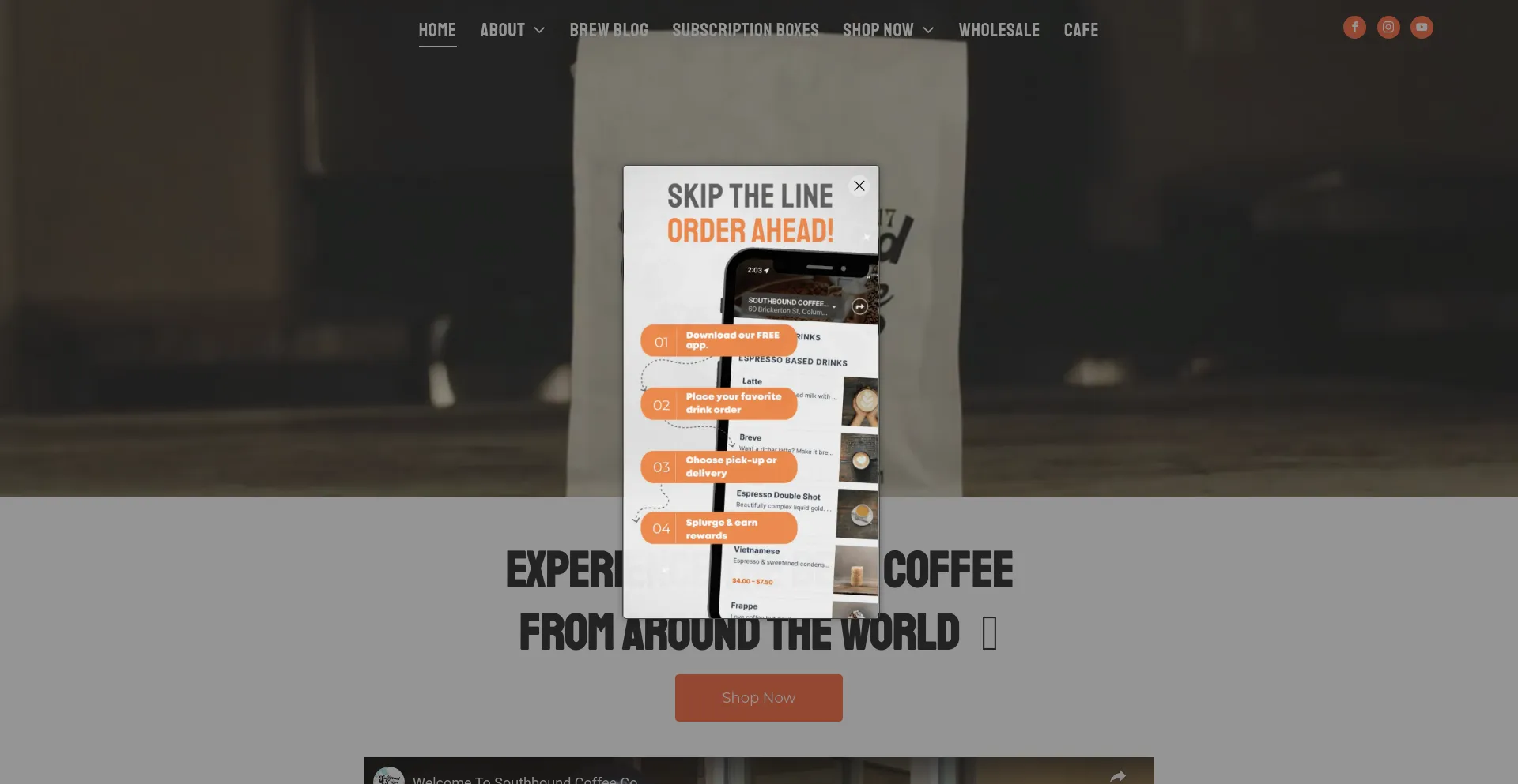 Screenshot of southboundcoffee.com homepage