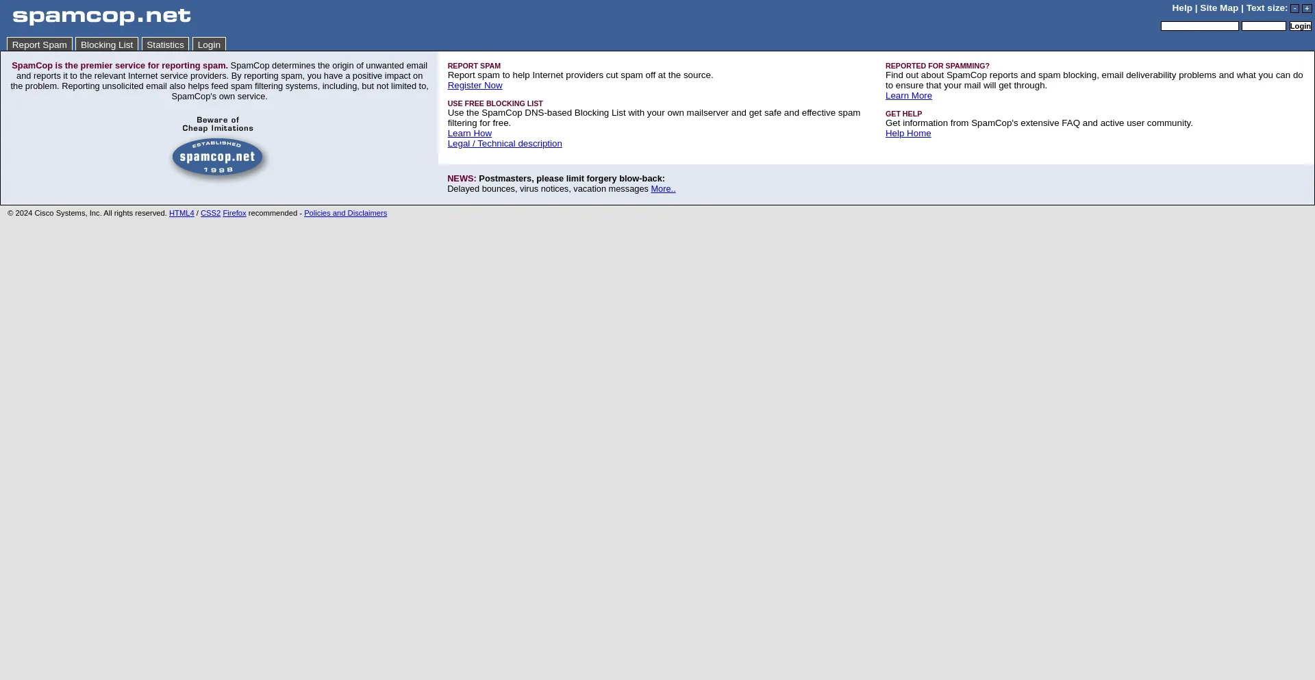 Screenshot of spamcop.net homepage