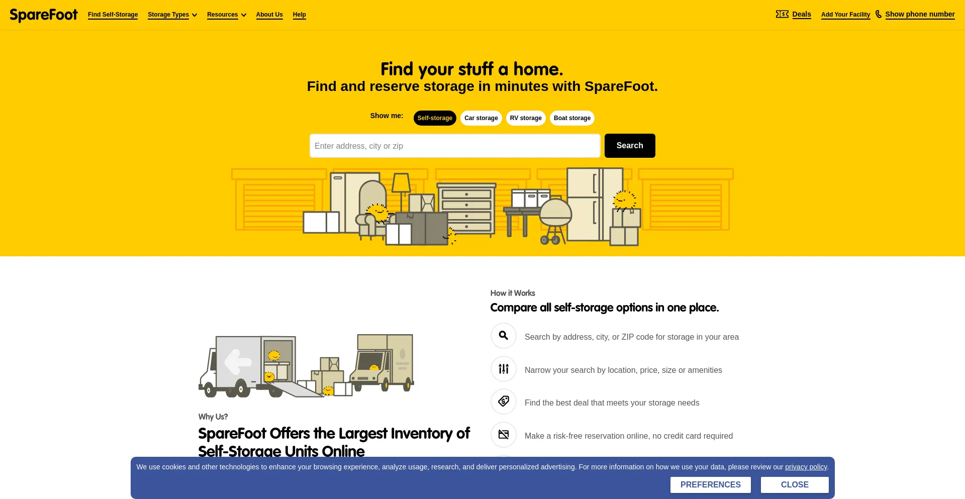 Screenshot of sparefoot.com homepage