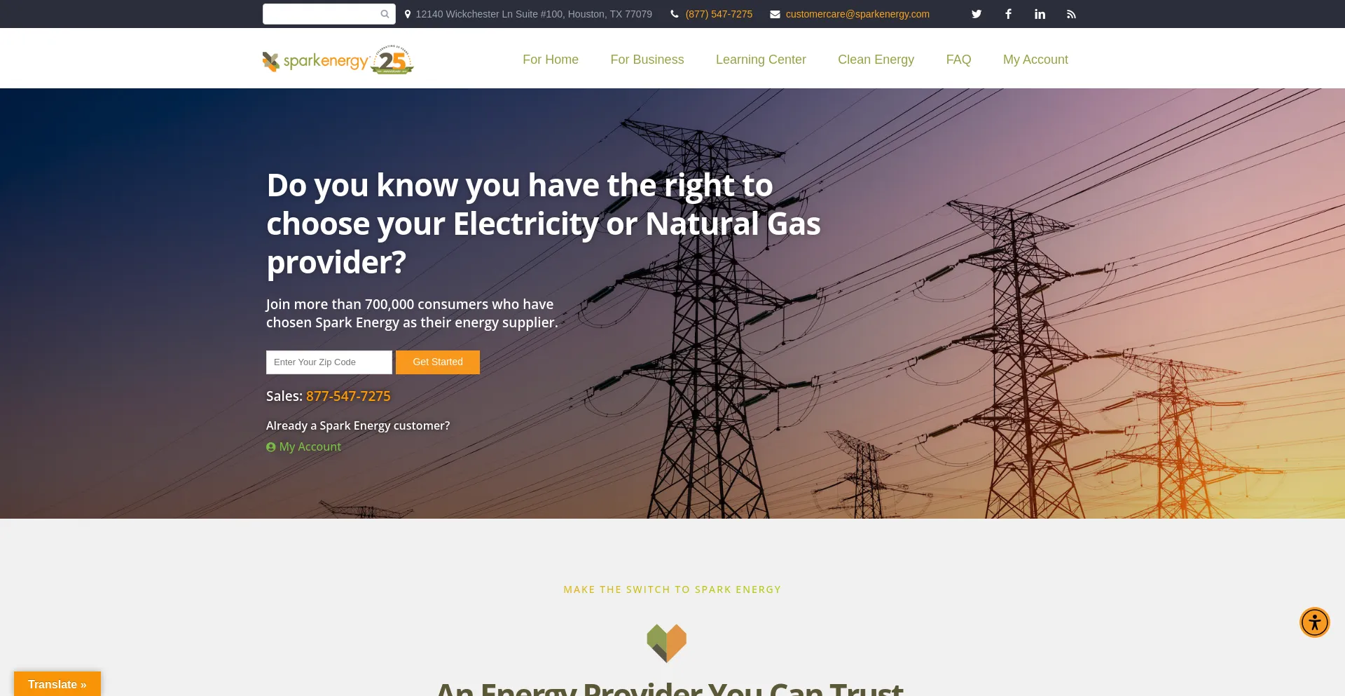 Screenshot of sparkenergy.com homepage