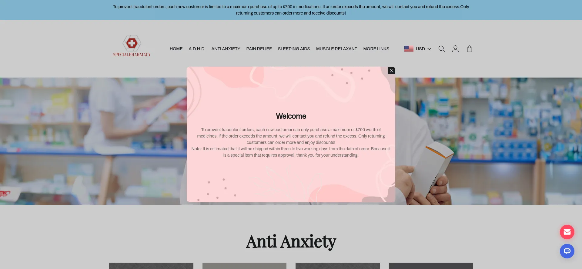 Screenshot of specialpharmacy01.shop homepage