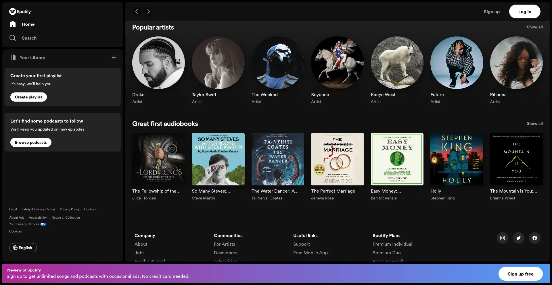 Screenshot of spotify.com homepage