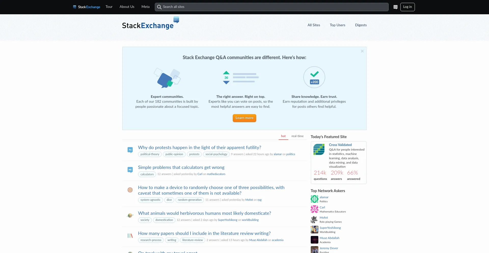 Screenshot of stackexchange.com homepage