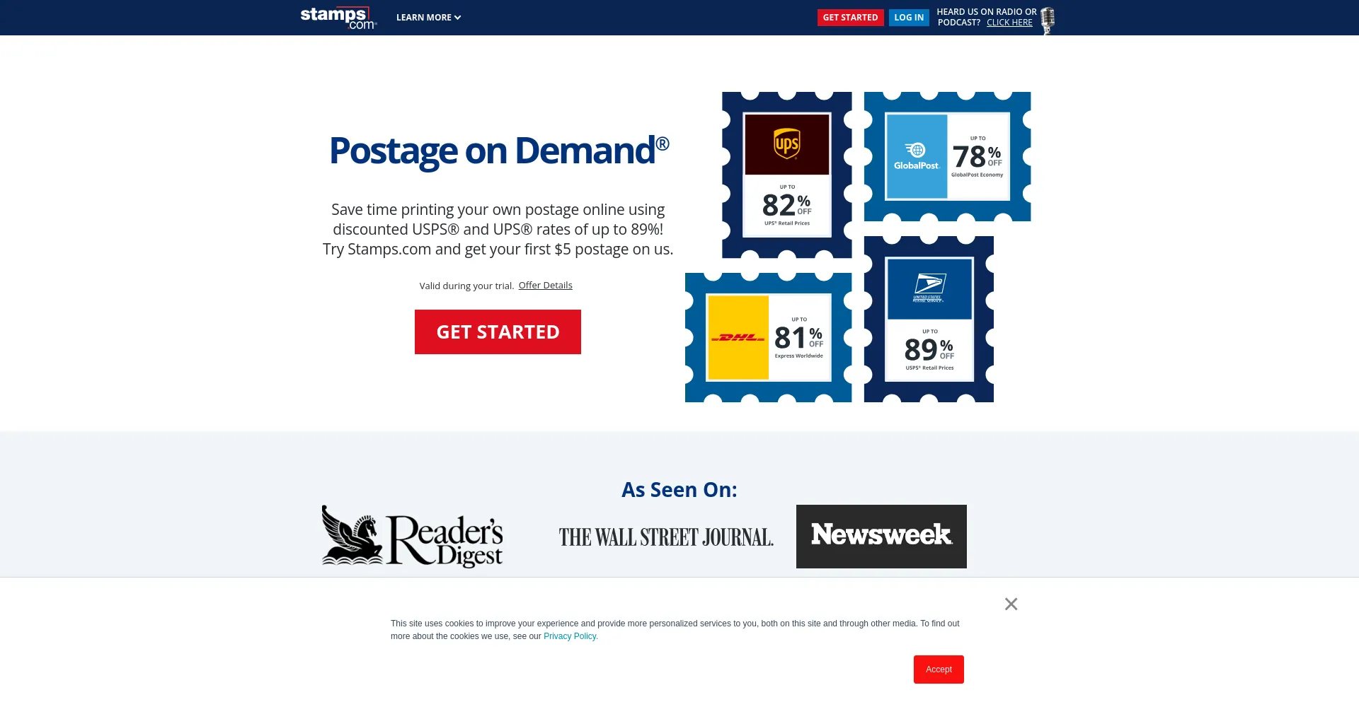 Screenshot of stamps.com homepage