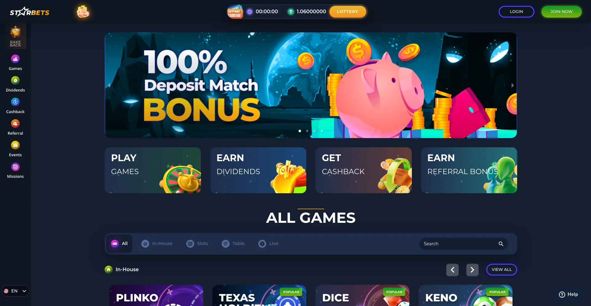 Screenshot of starbets.io homepage