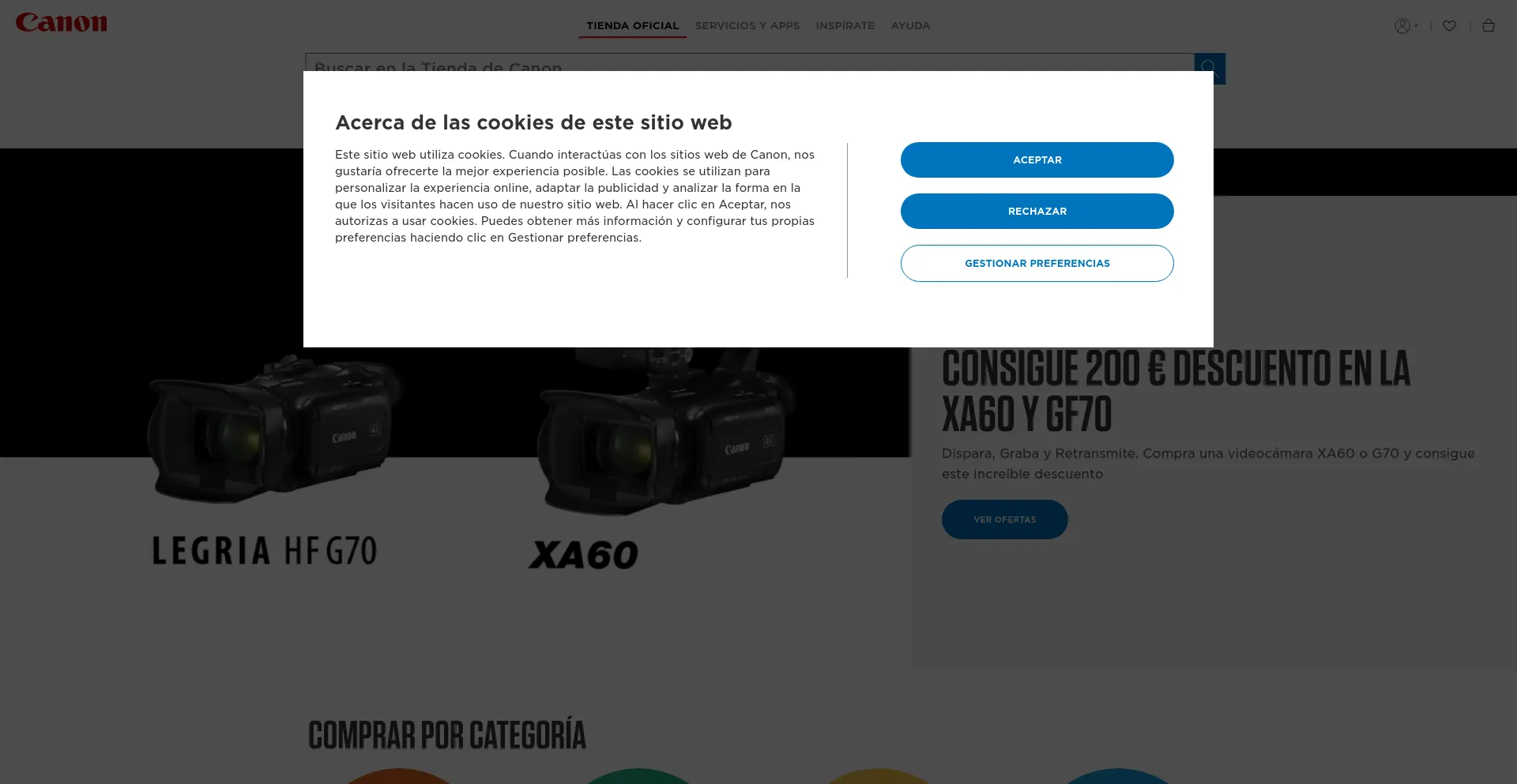 Screenshot of store.canon.es homepage