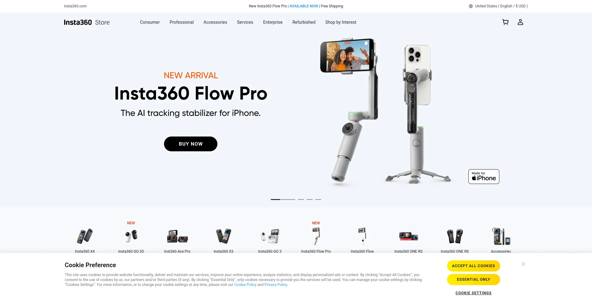 Screenshot of store.insta360.com homepage