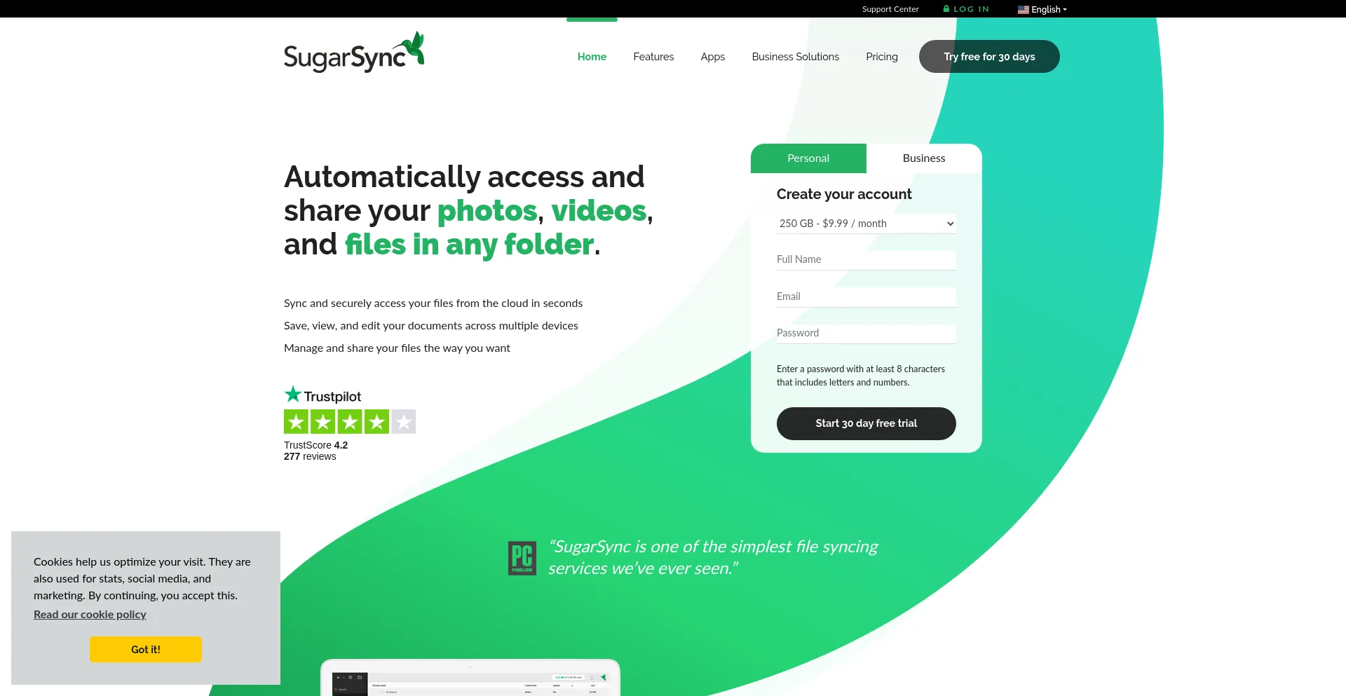 Screenshot of sugarsync.com homepage