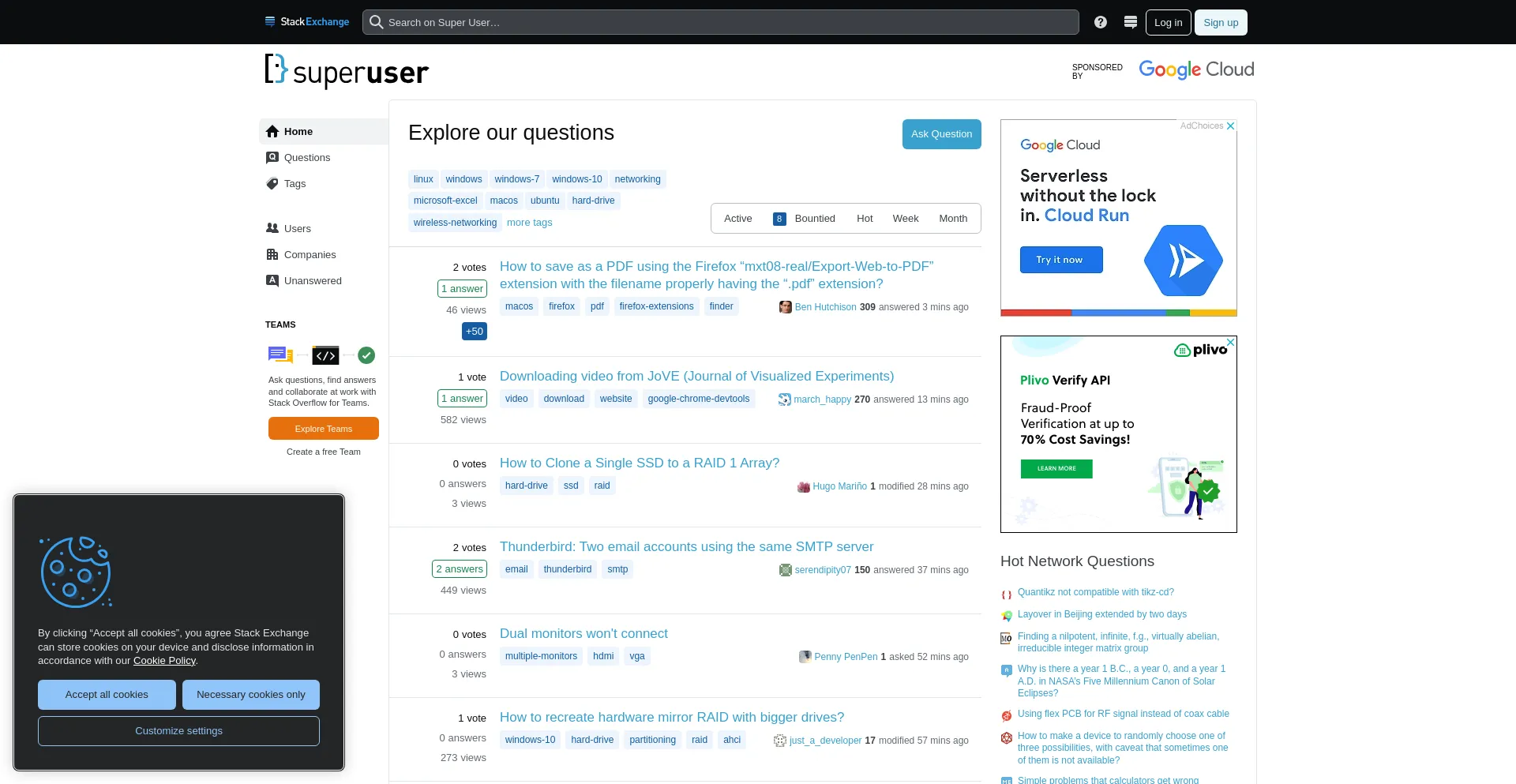 Screenshot of superuser.com homepage