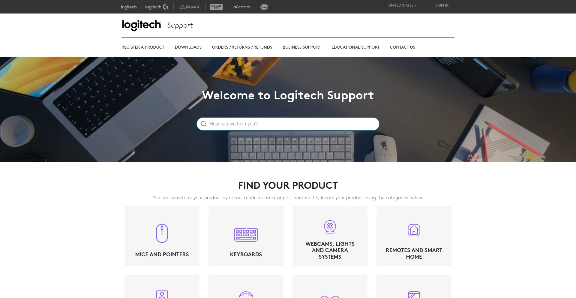 Screenshot of support.logitech.com homepage