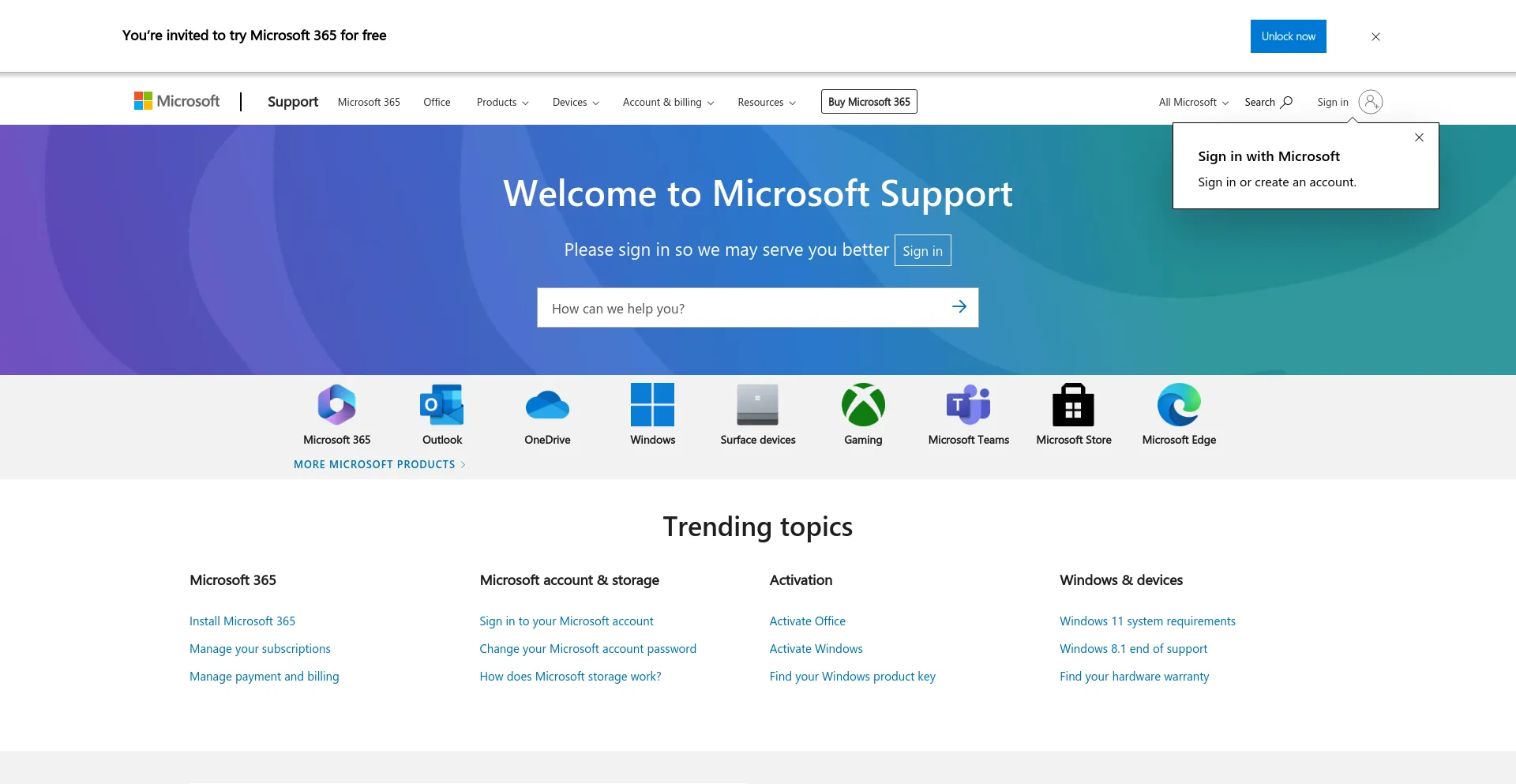 Screenshot of support.microsoft.com homepage