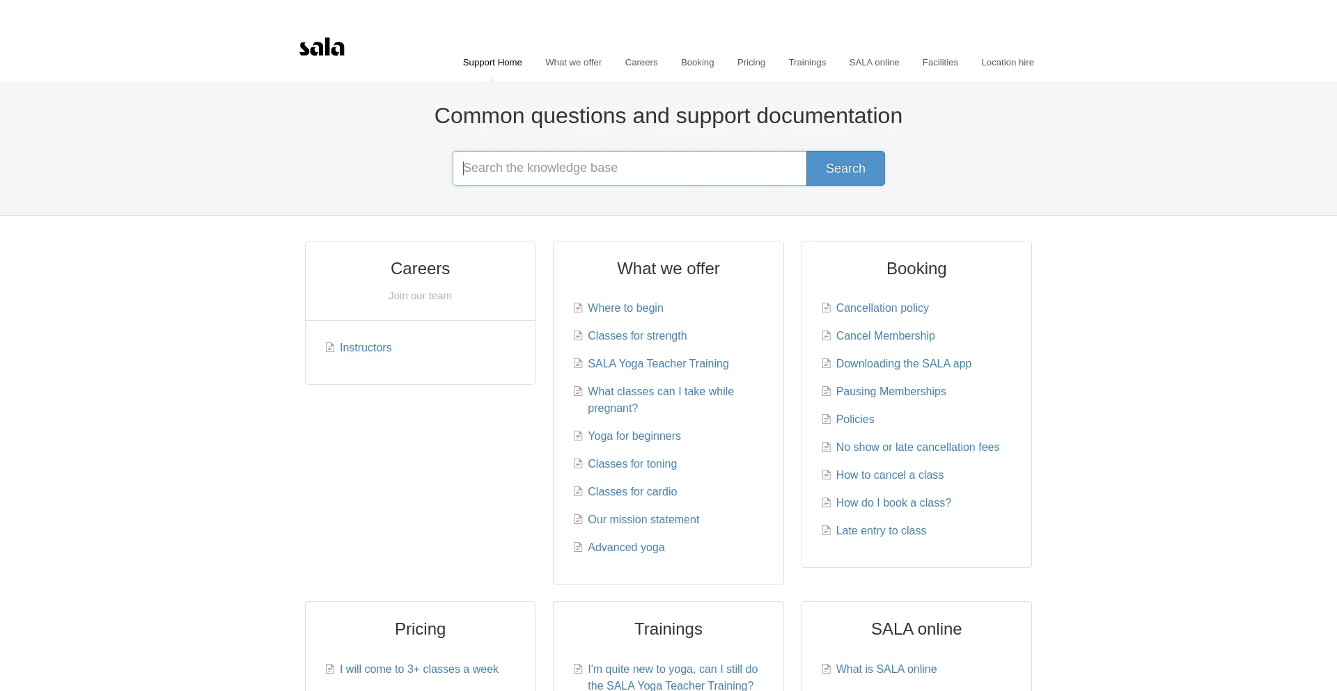 Screenshot of support.sala.studio homepage