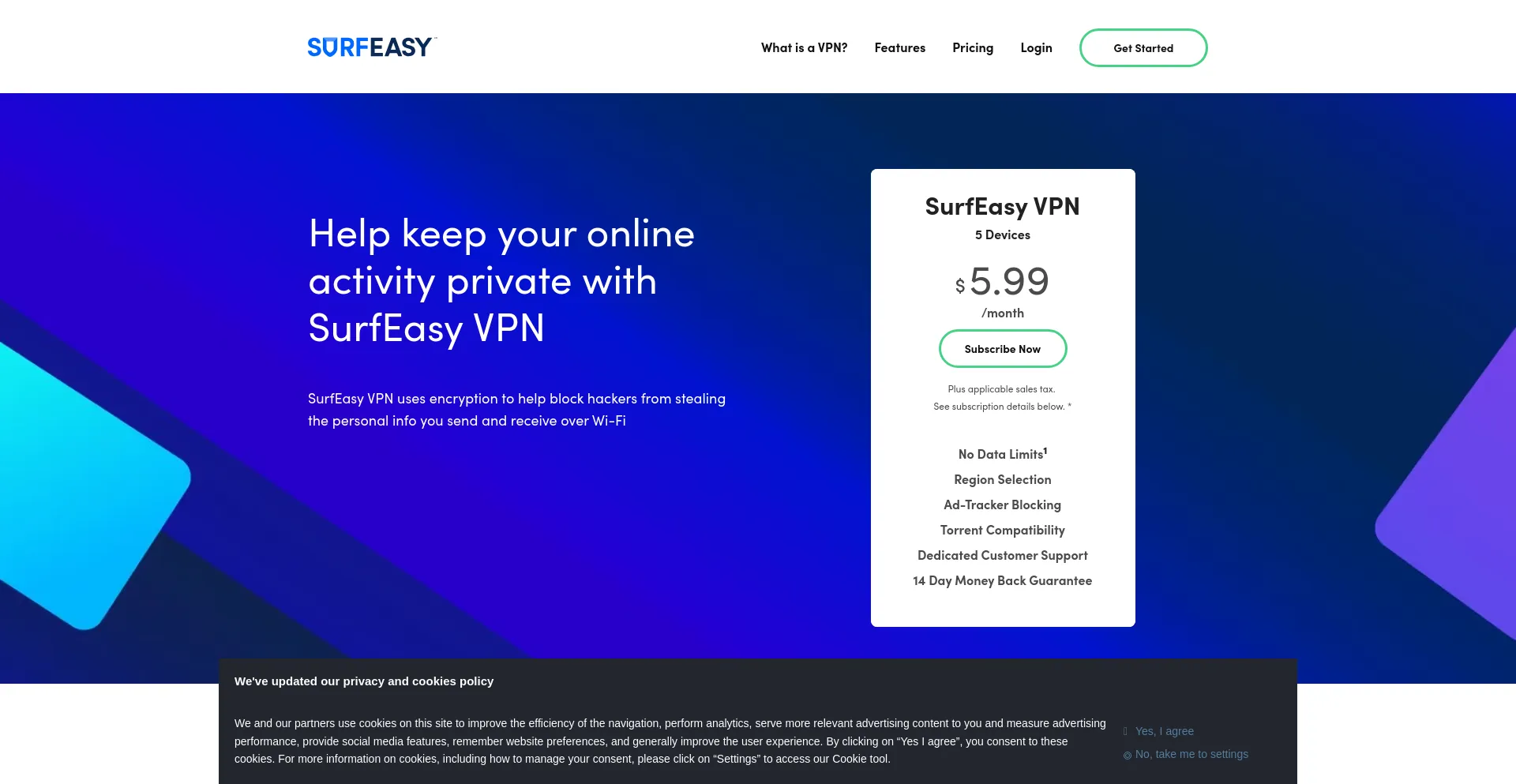 Screenshot of surfeasy.com homepage