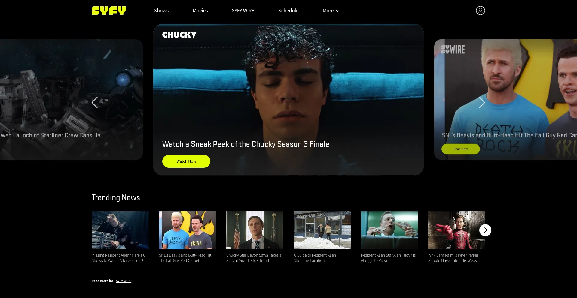 Screenshot of syfy.com homepage