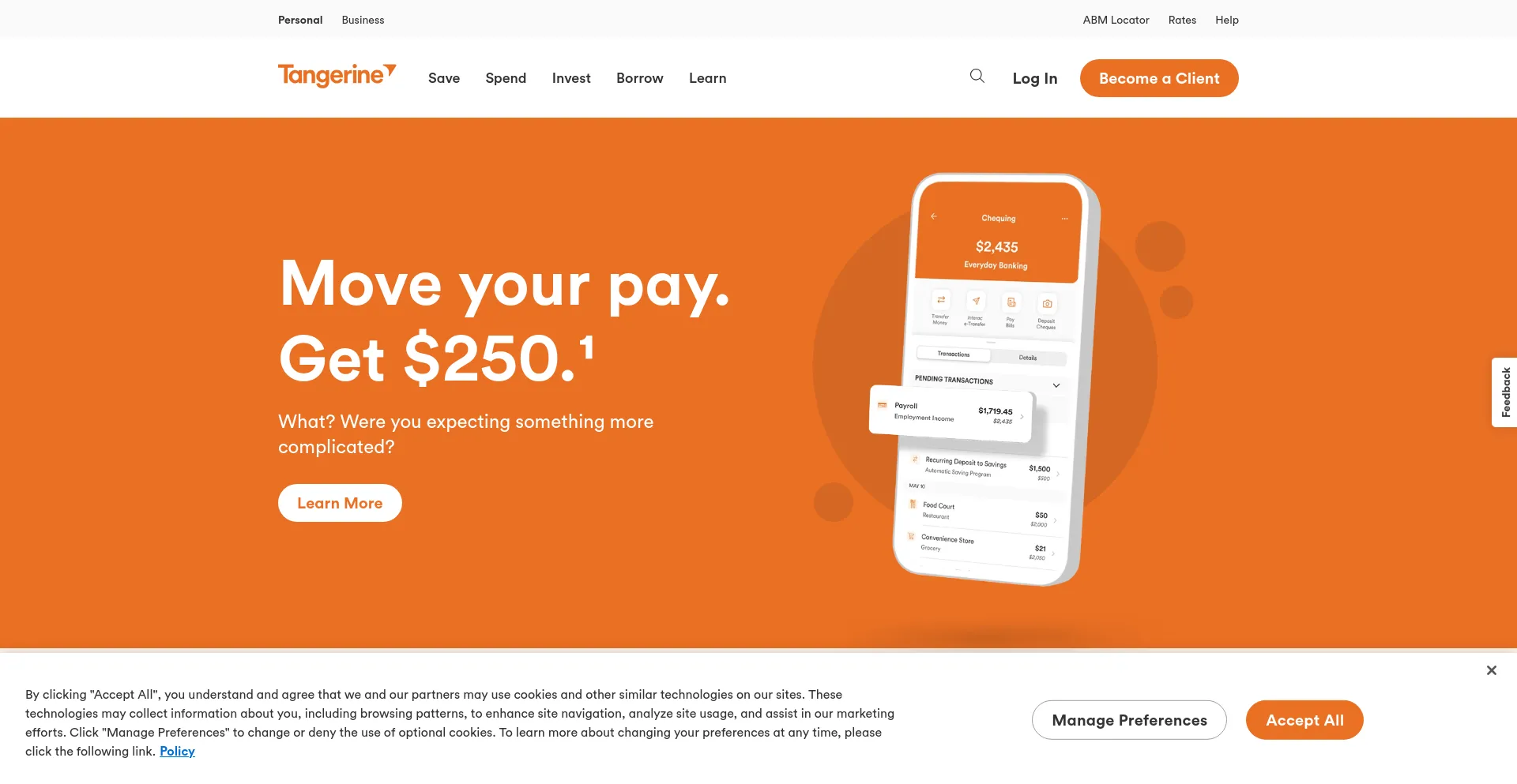 Screenshot of tangerine.ca homepage