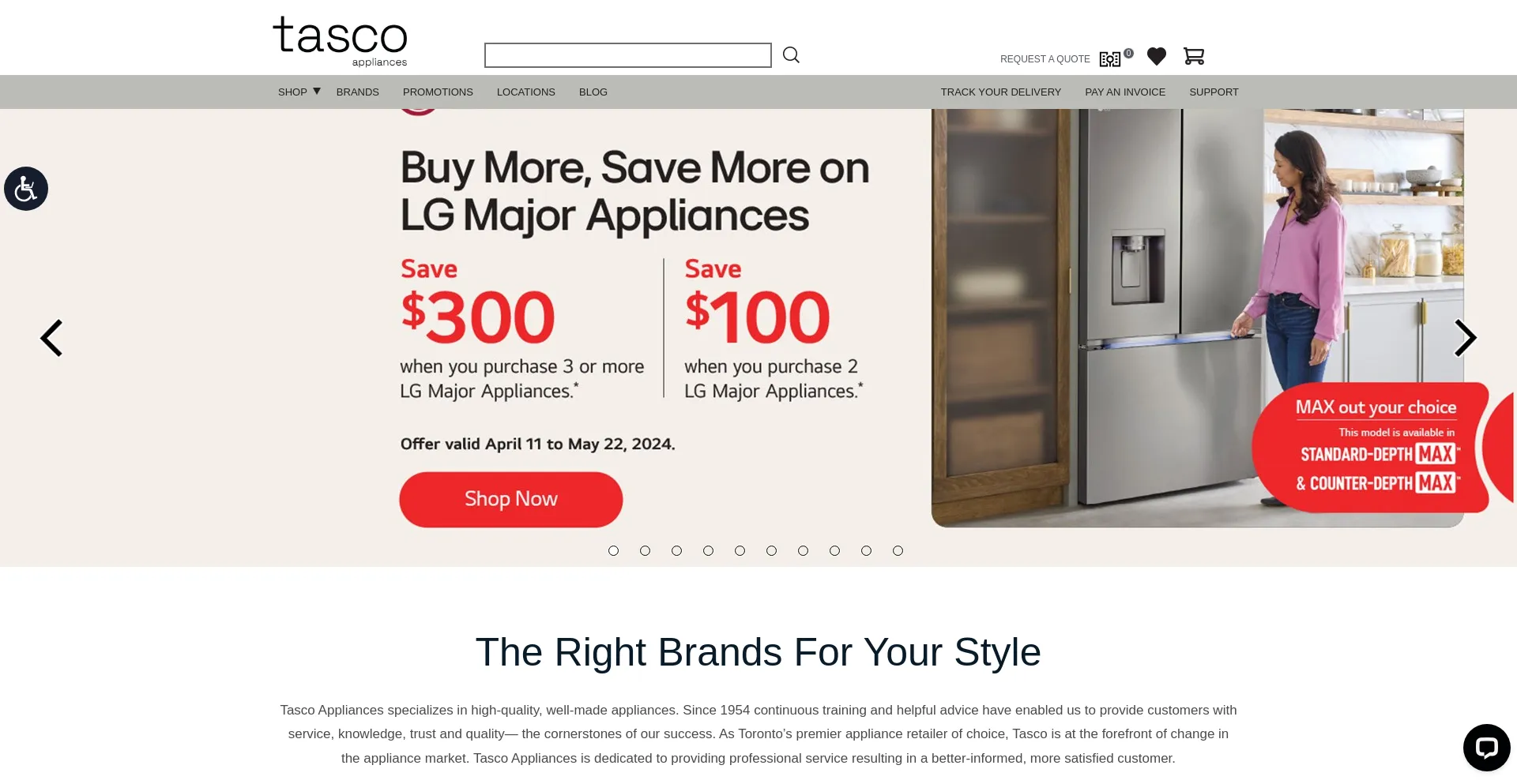 Screenshot of tascoappliance.ca homepage