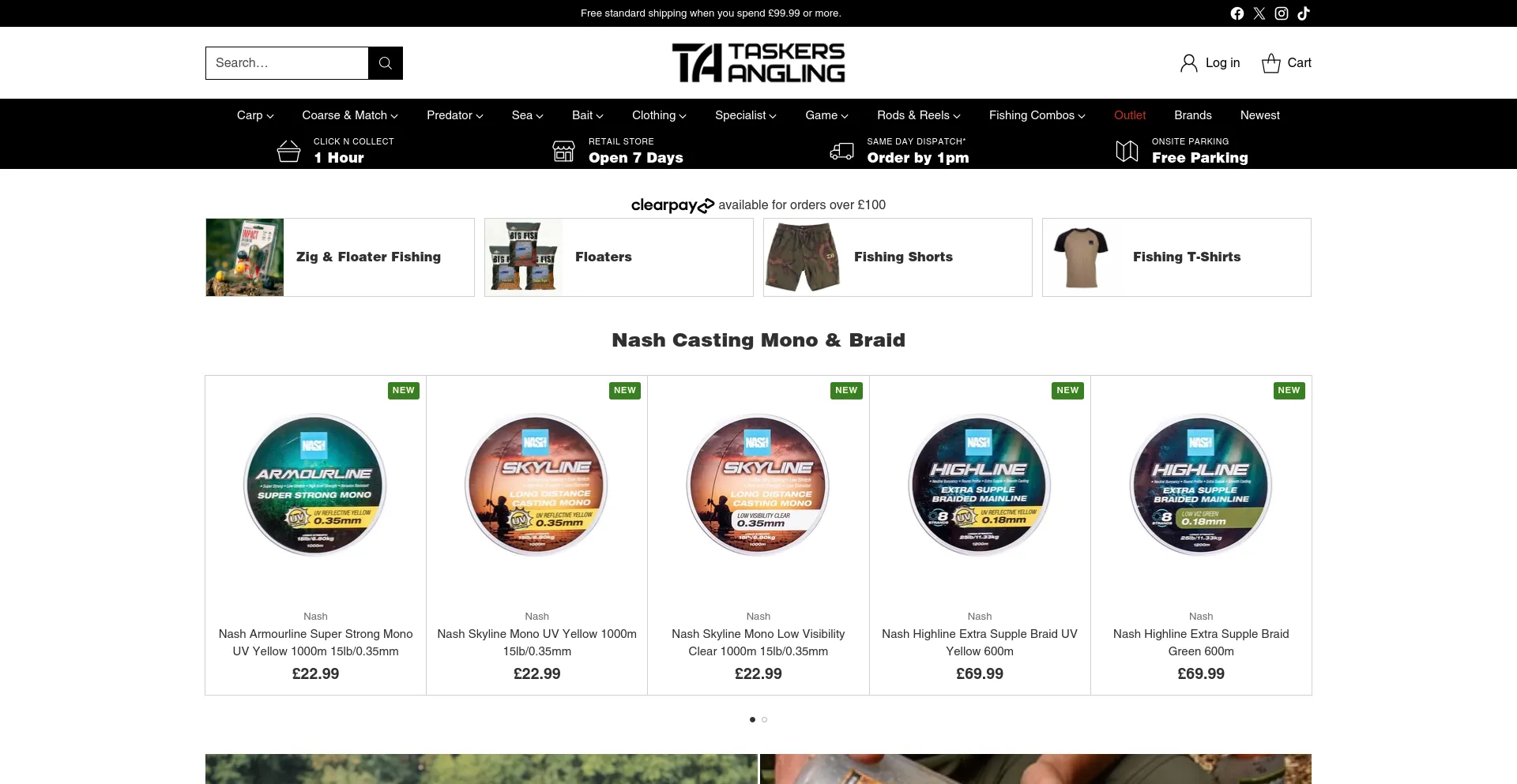 Screenshot of taskers-angling.co.uk homepage