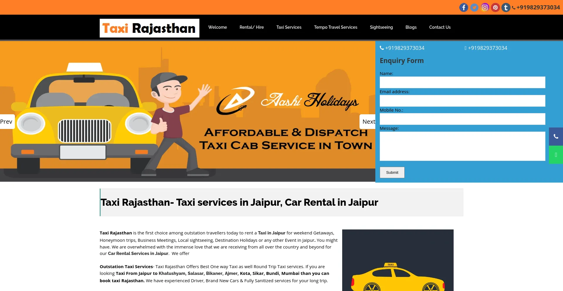 Screenshot of taxirajasthan.in homepage