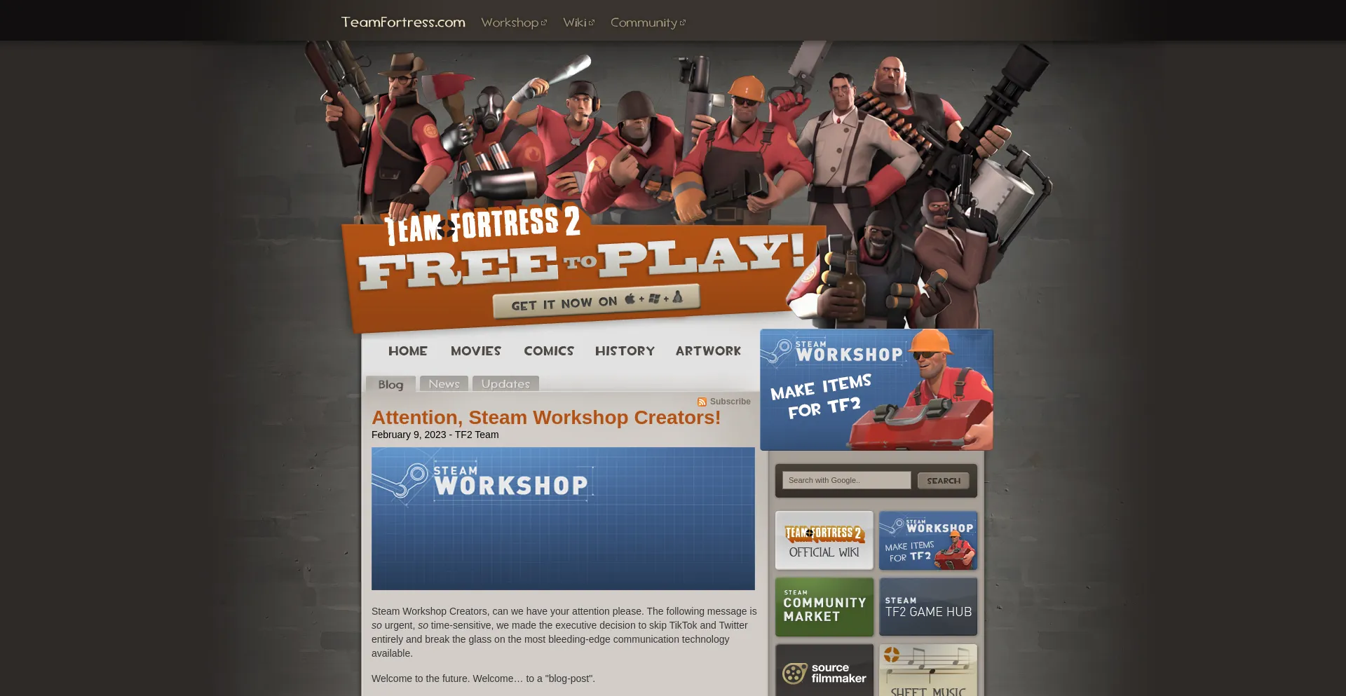 Screenshot of teamfortress.com homepage