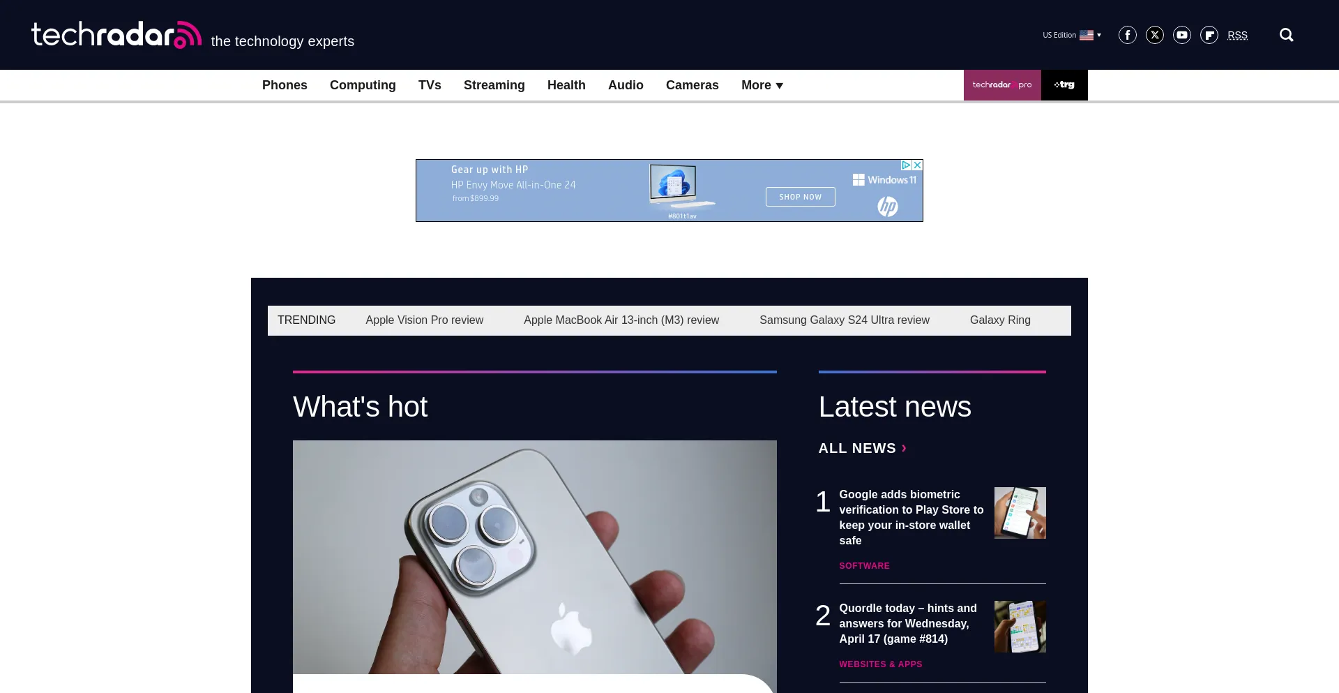 Screenshot of techradar.com homepage