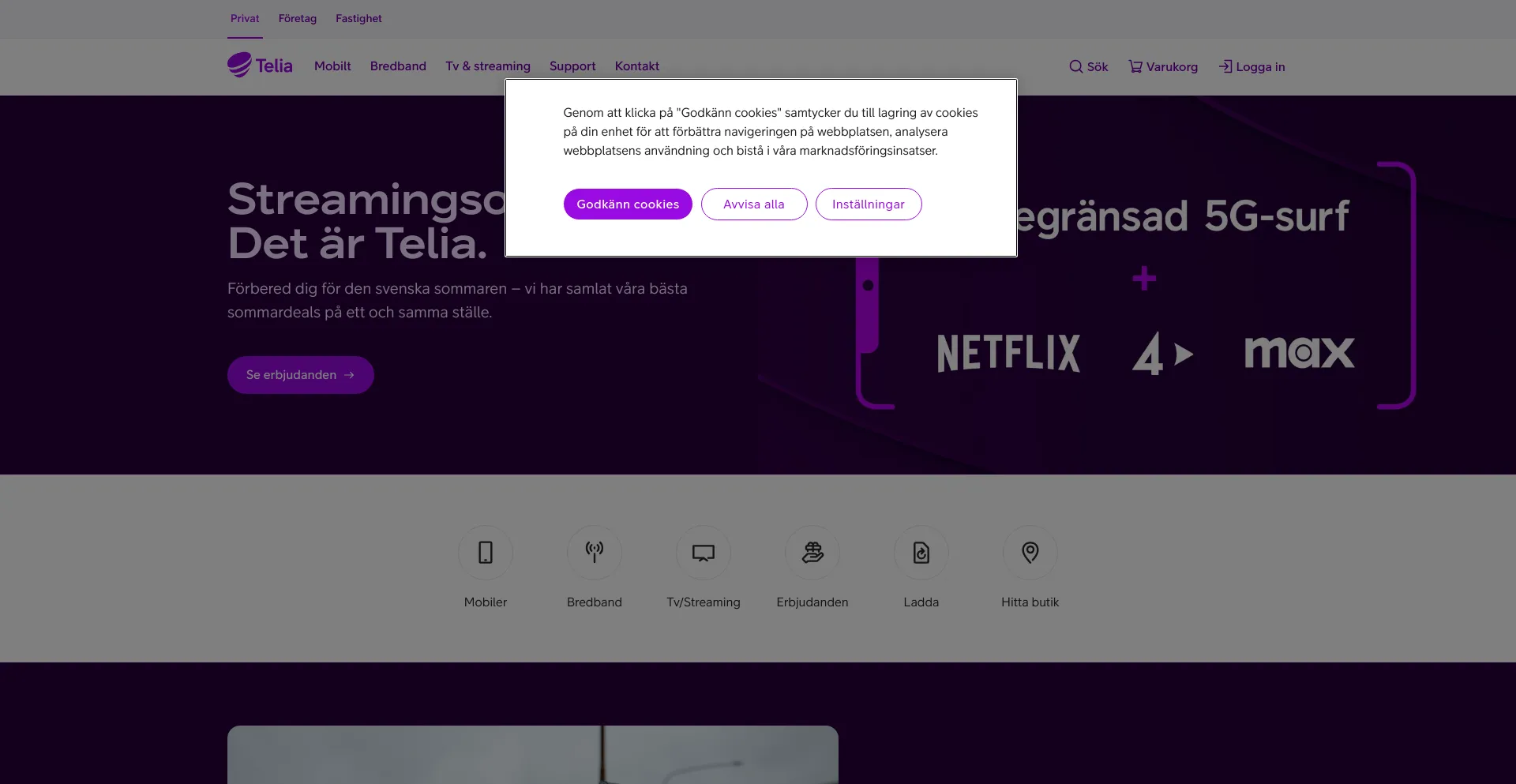 Screenshot of telia.se homepage