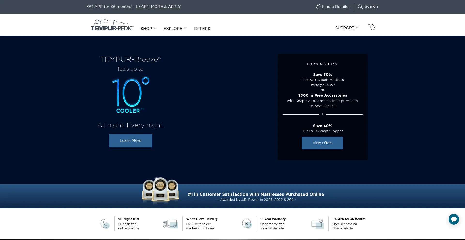 Screenshot of tempurpedic.com homepage