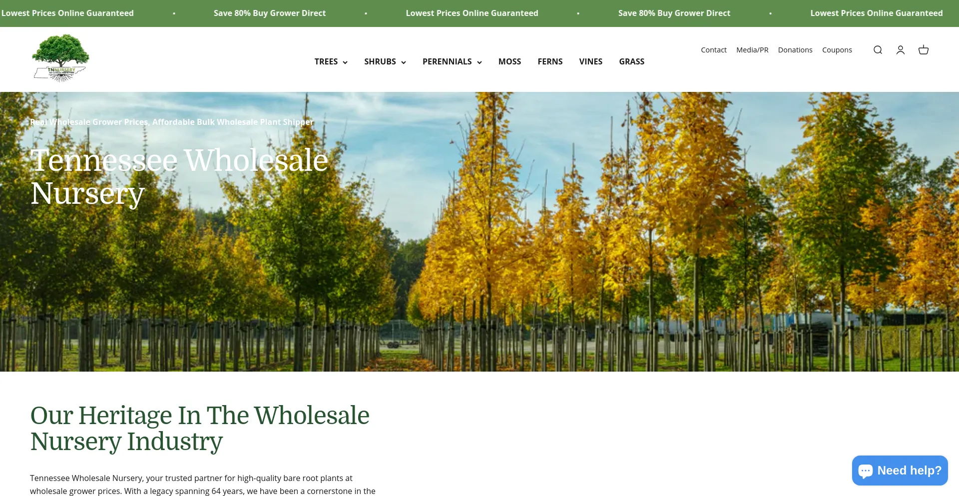 Screenshot of tennesseewholesalenursery.com homepage