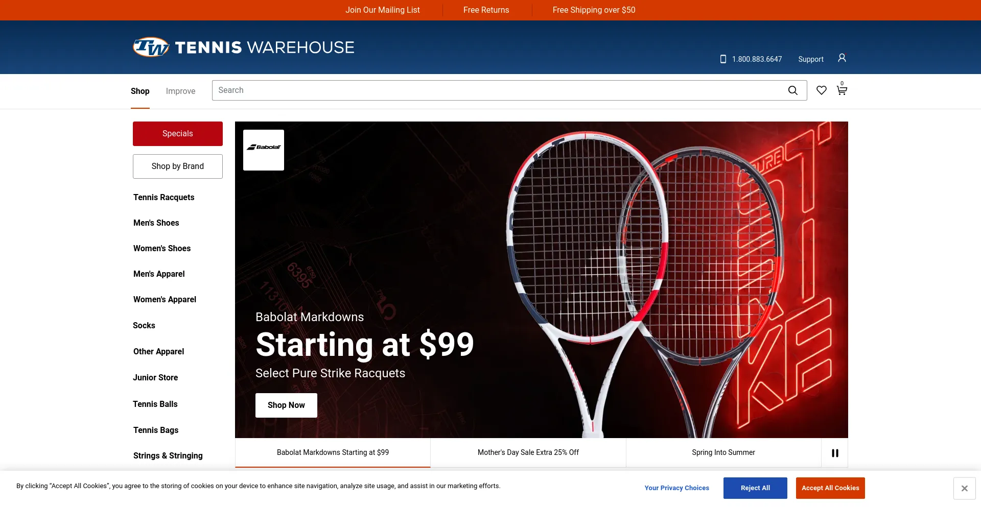 Screenshot of tennis-warehouse.com homepage