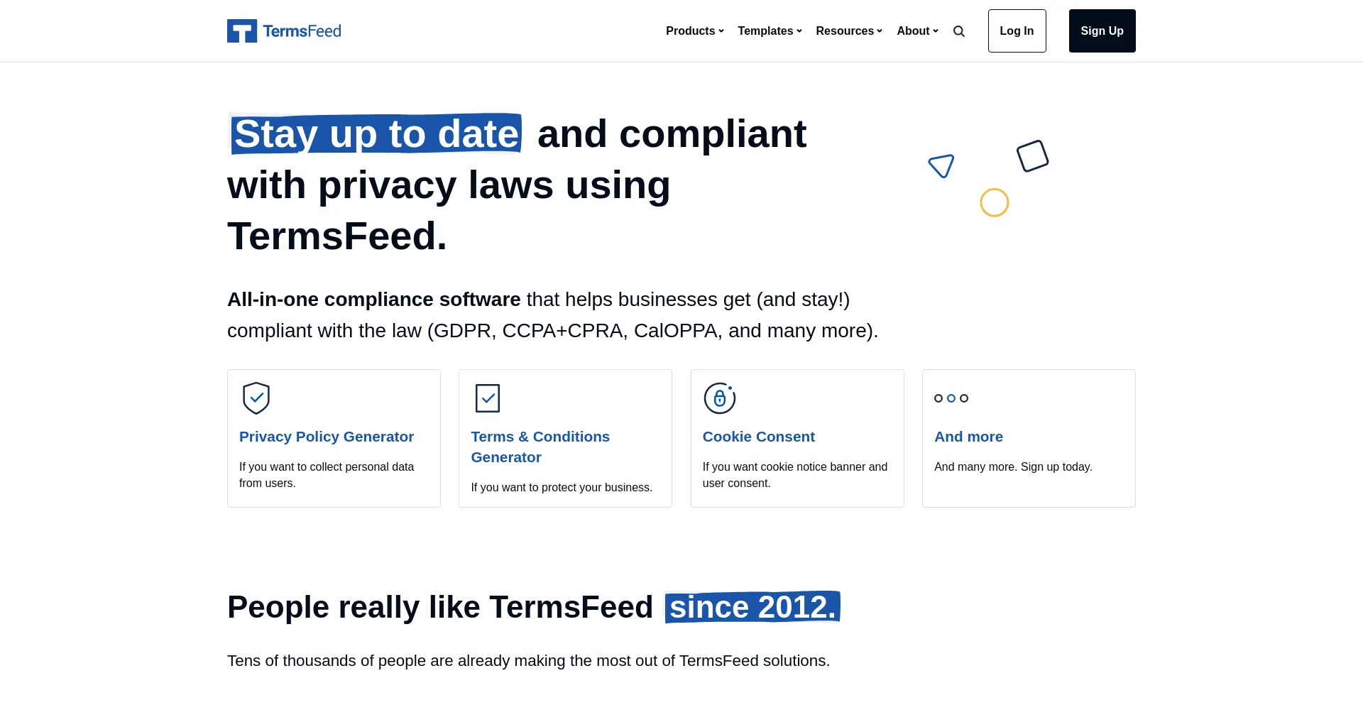 Screenshot of termsfeed.com homepage