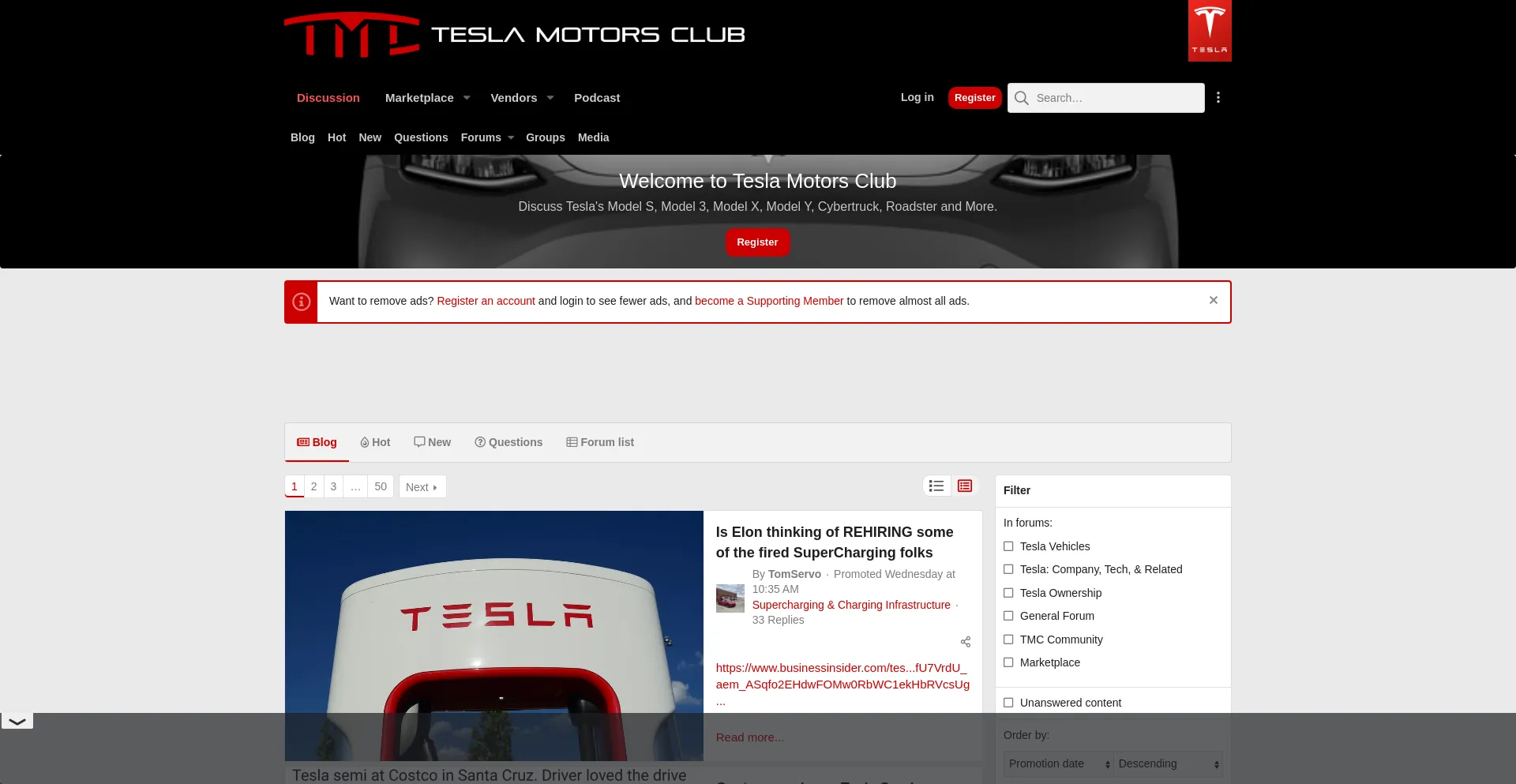 Screenshot of teslamotorsclub.com homepage