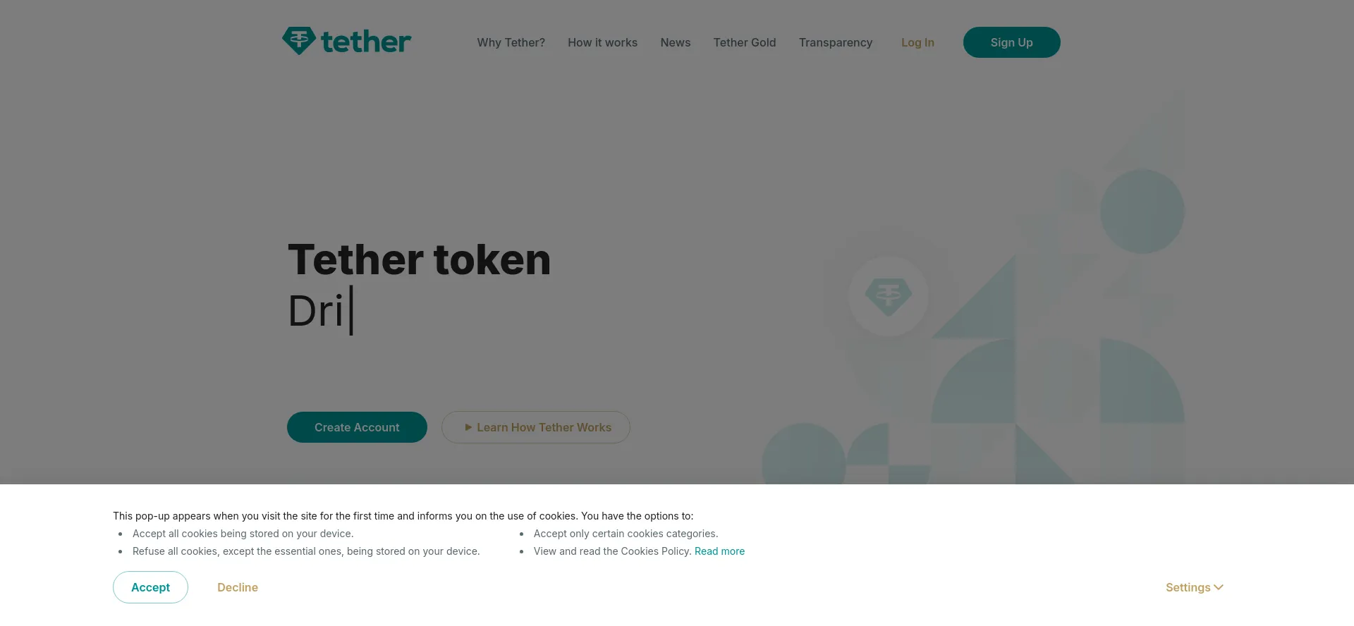 Screenshot of tether.to homepage