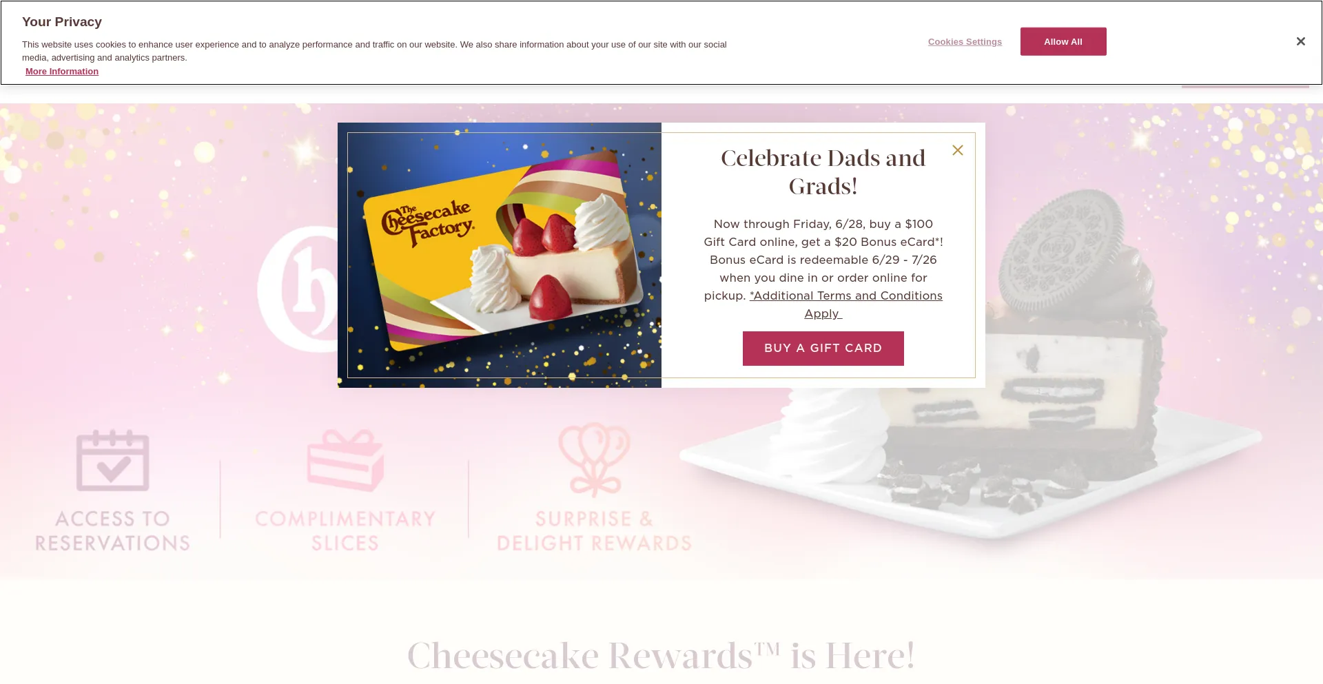 Screenshot of thecheesecakefactory.com homepage