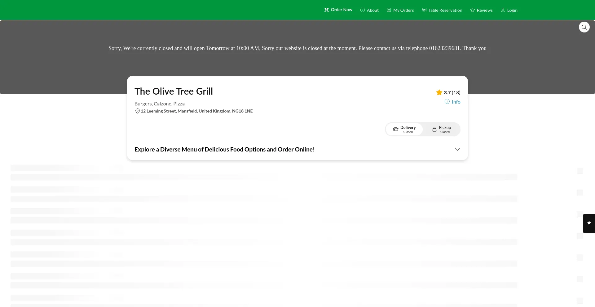 Screenshot of theolivetreegrill.co.uk homepage