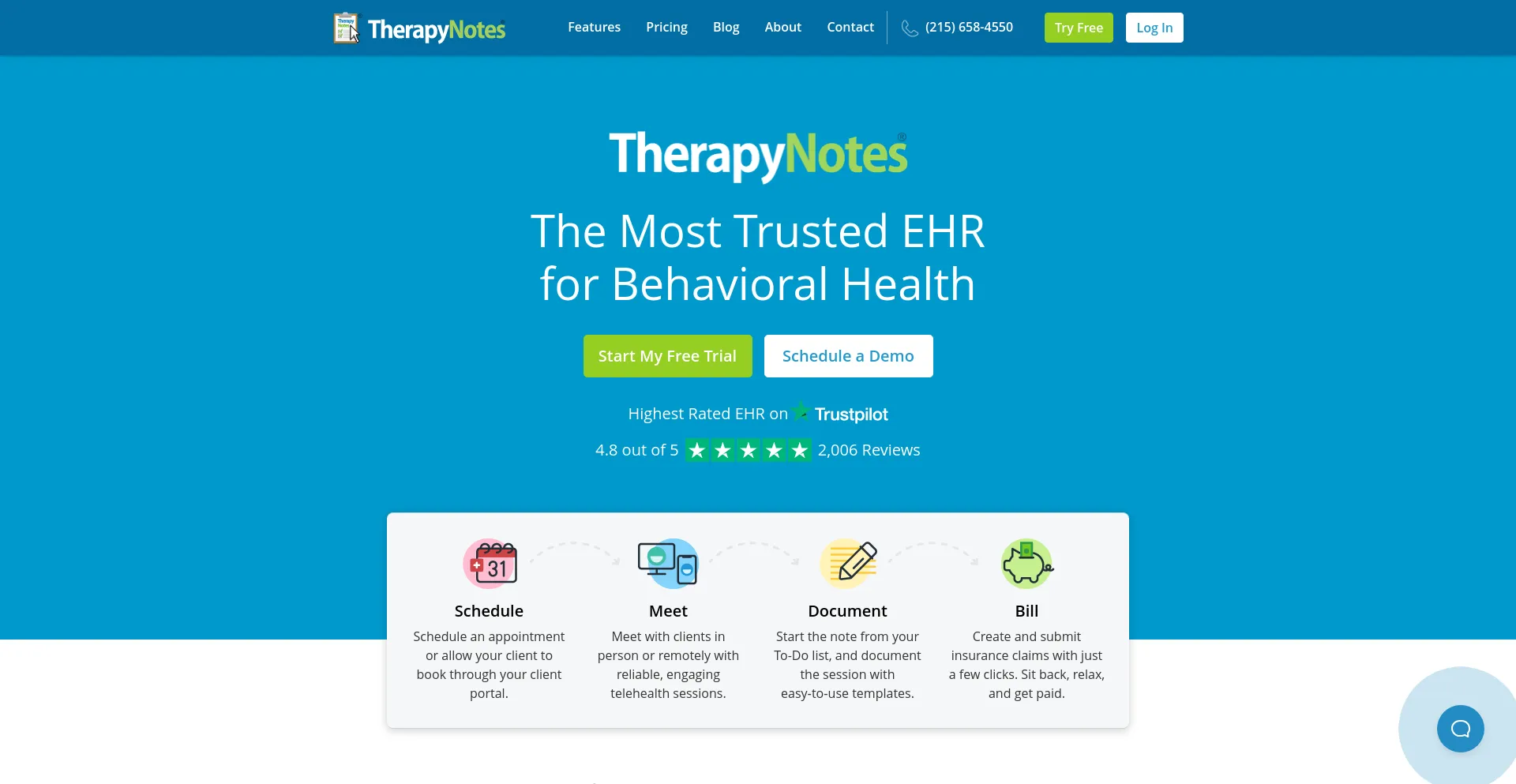 Screenshot of therapynotes.com homepage