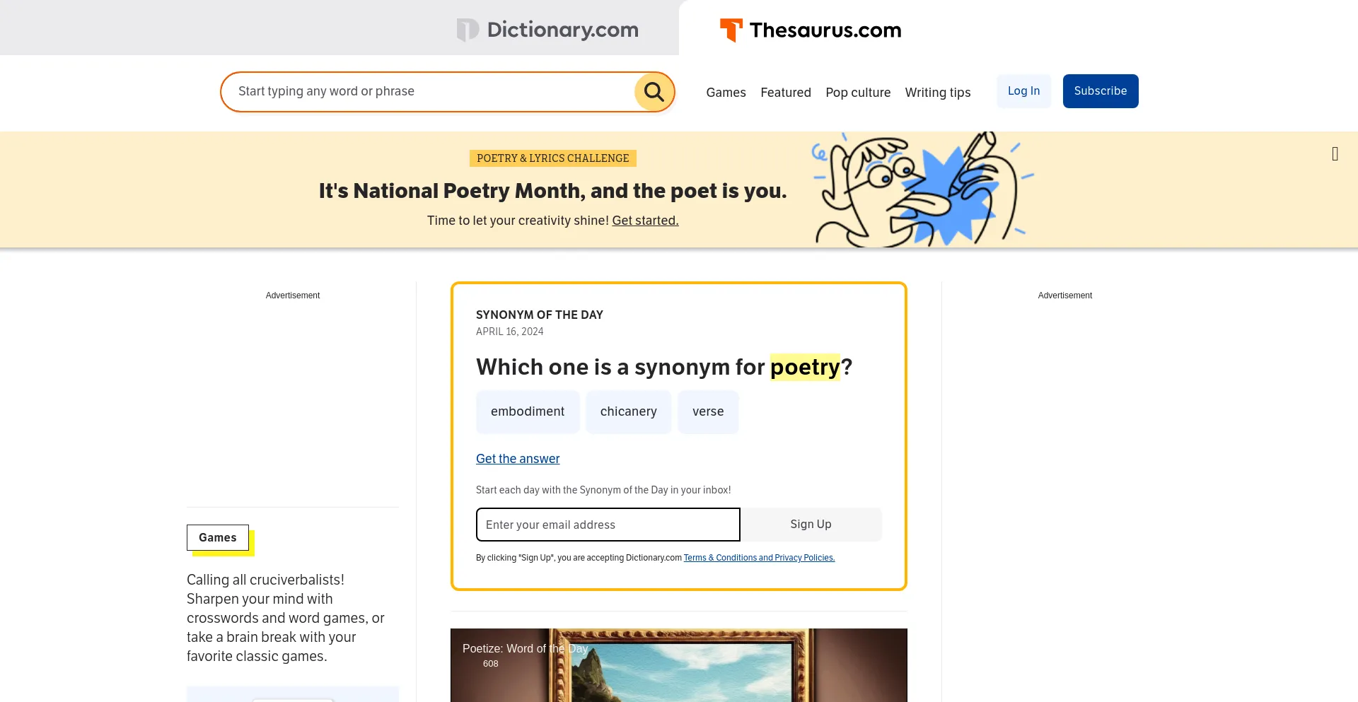 Screenshot of thesaurus.com homepage