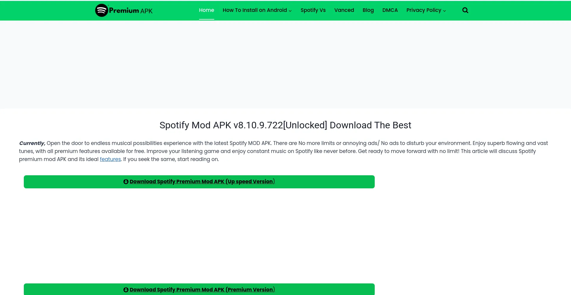 Screenshot of thespotifypremiumapk.in homepage