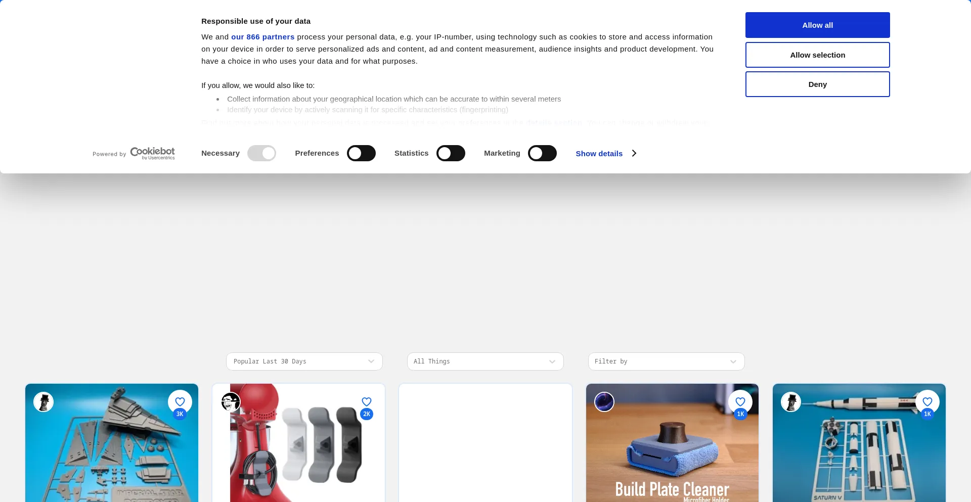 Screenshot of thingiverse.com homepage