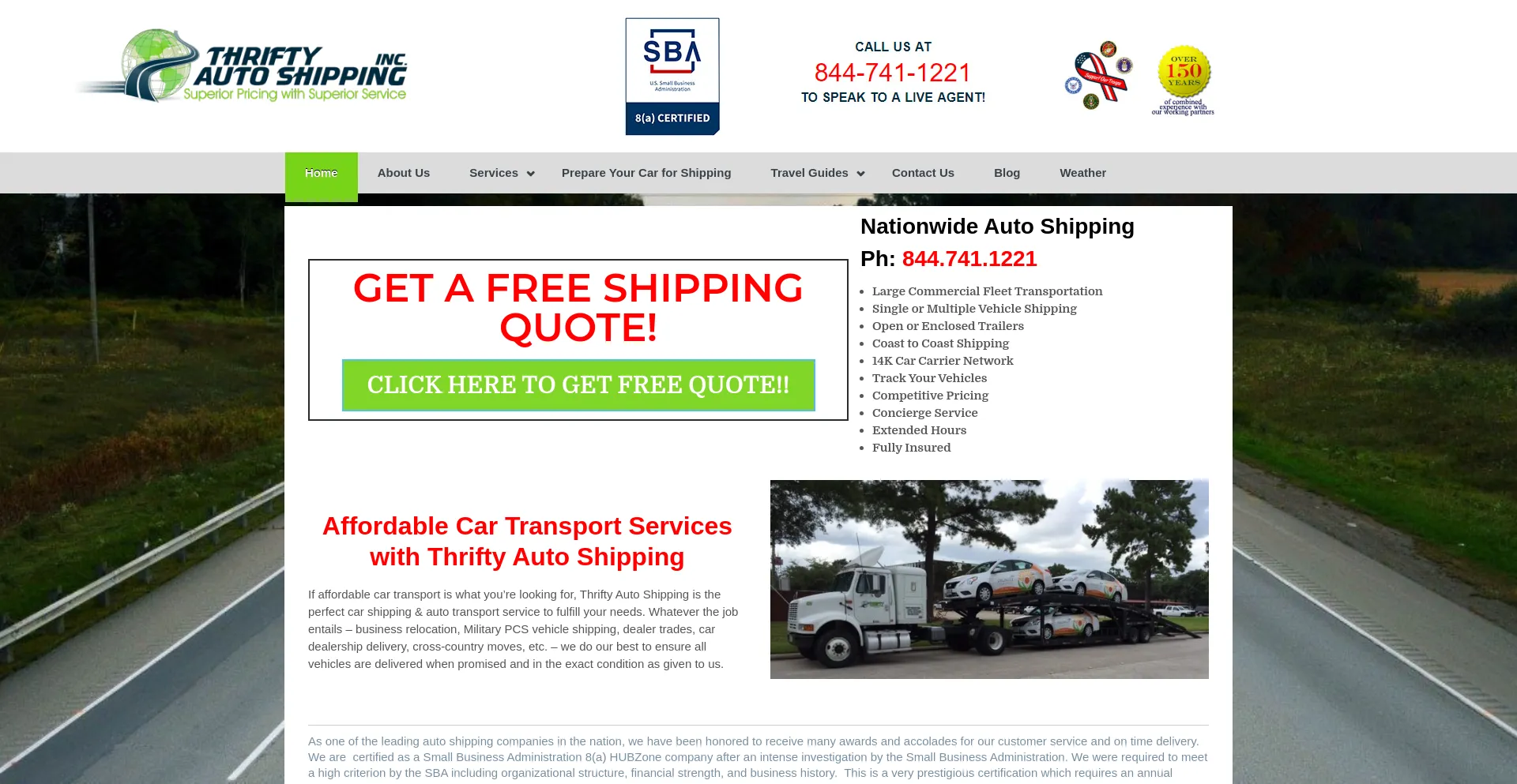 Screenshot of thriftyautoship.com homepage