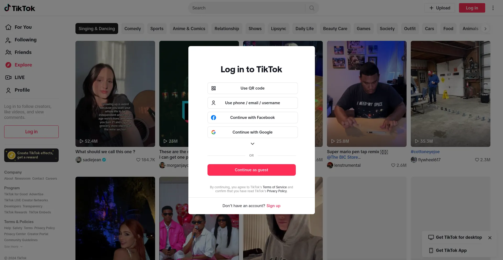 Screenshot of tiktok.com homepage