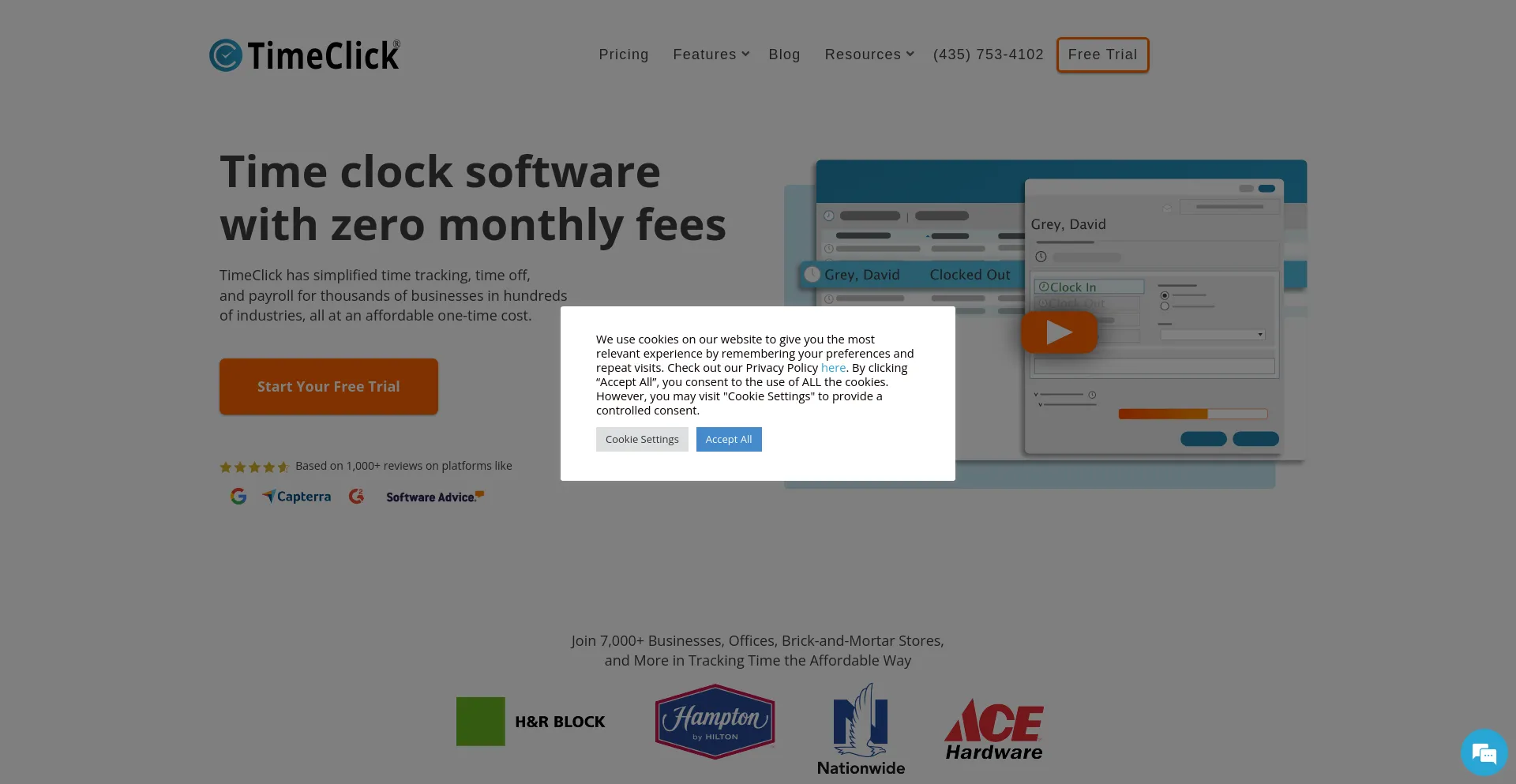 Screenshot of timeclick.com homepage